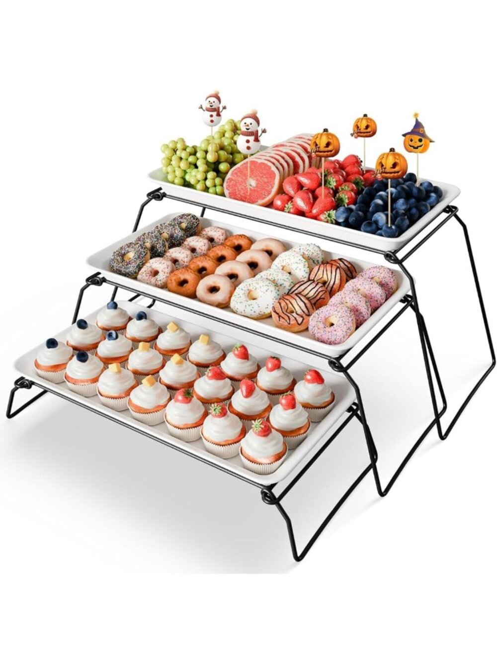 Elegant 3-Tier Melamine Serving Tray Set - Large Black Display Stand, 17x8.7